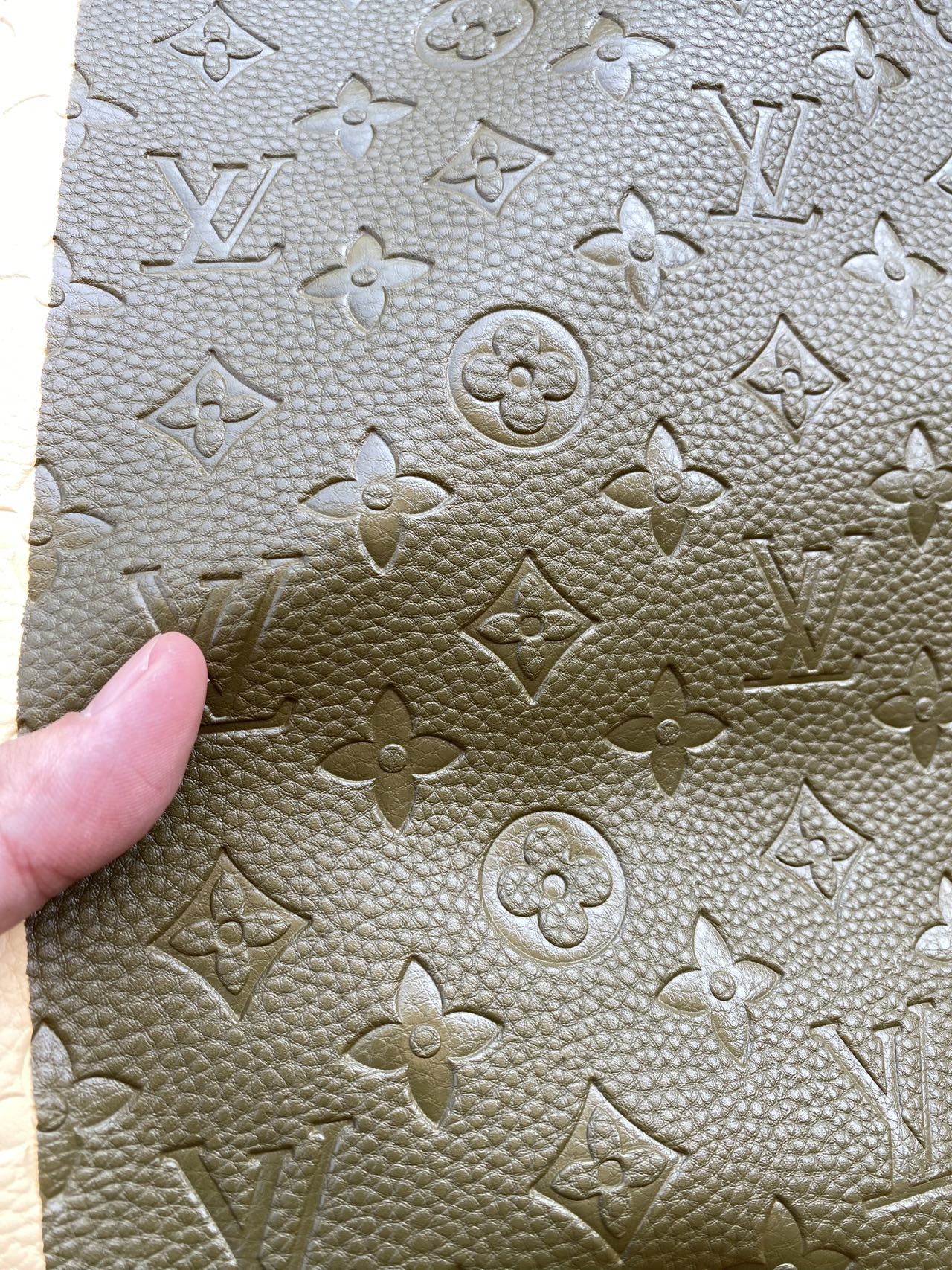 Olive Green Soft Embossed Louis Vuitton Leather Designer Fabric